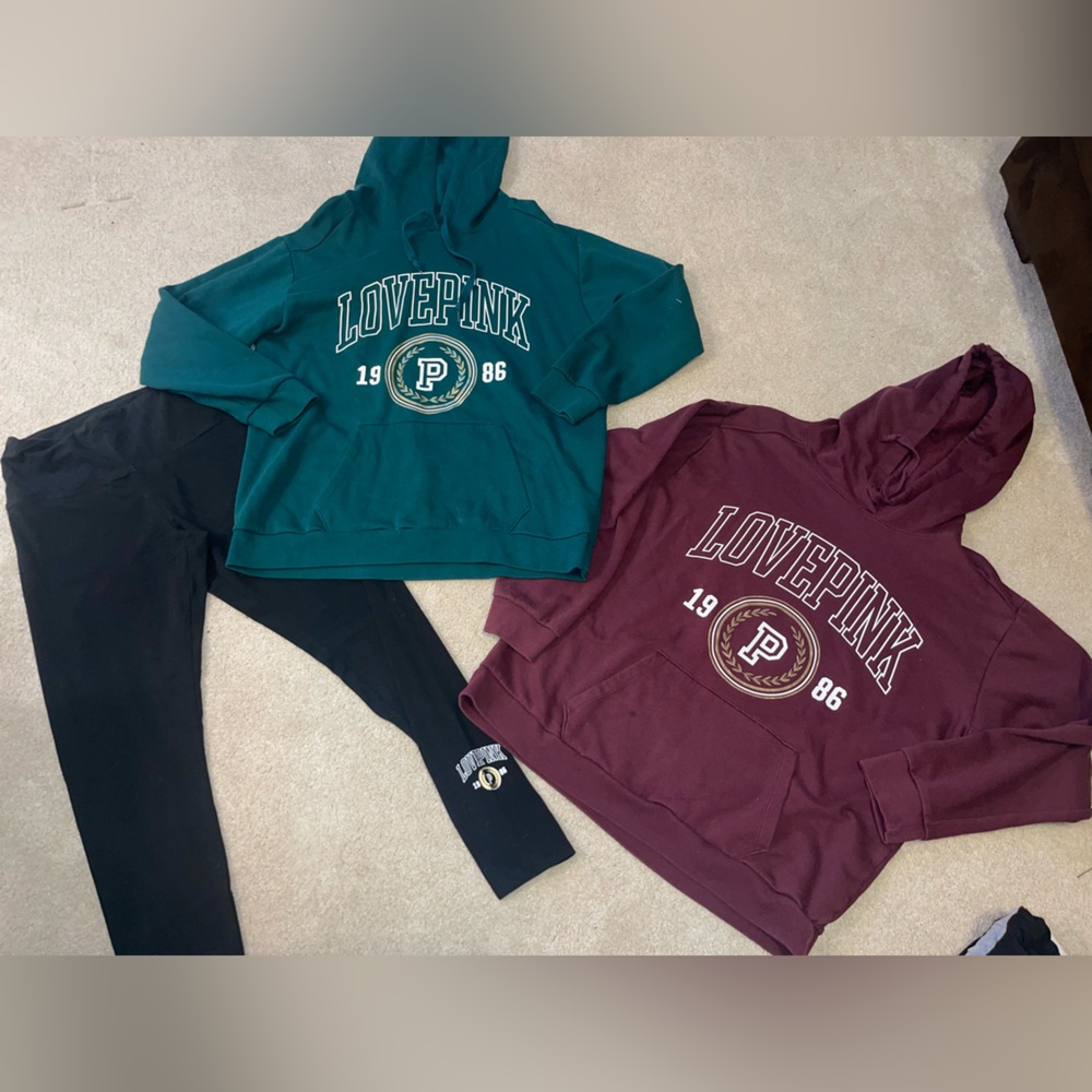 VS PINK Lot, 2 Camous Pullover Hoodies & 1 Pair of Matching Leggings Size L
